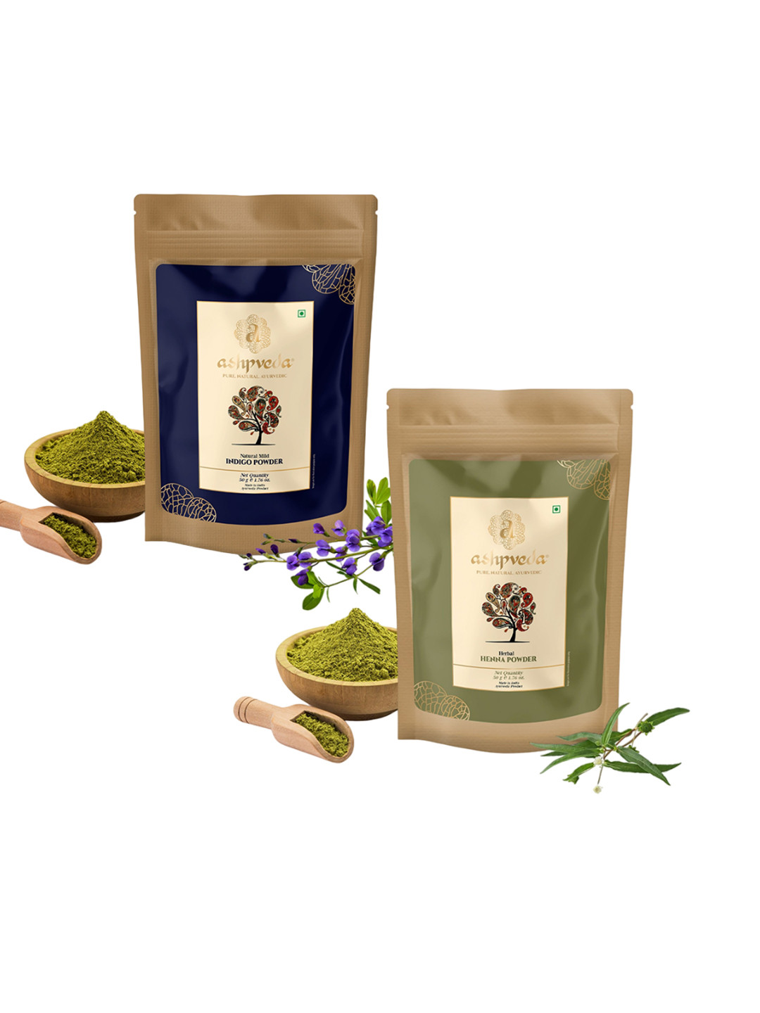 ASHPVEDA Set Of 2 Natural Mild Indigo Powder & Herbal Henna Powder - 50 g Each