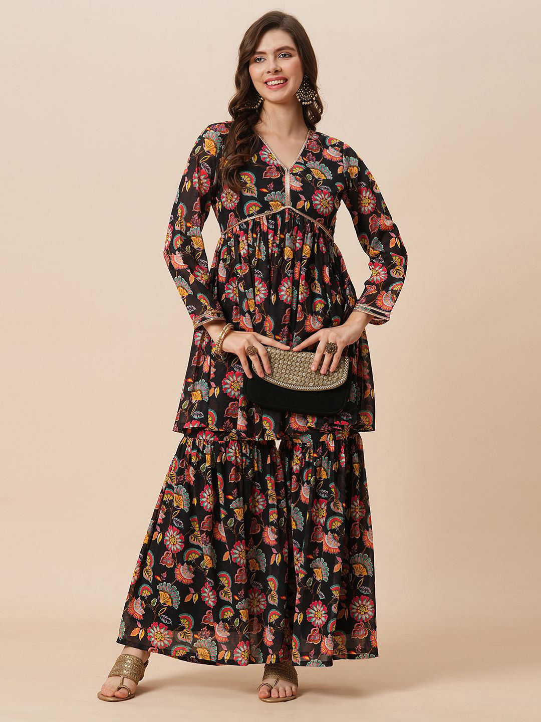 Globus V-Neck Floral Print Georgette A-Line Alia Cut Tunic & Gharara Fusion Co-Ord Set