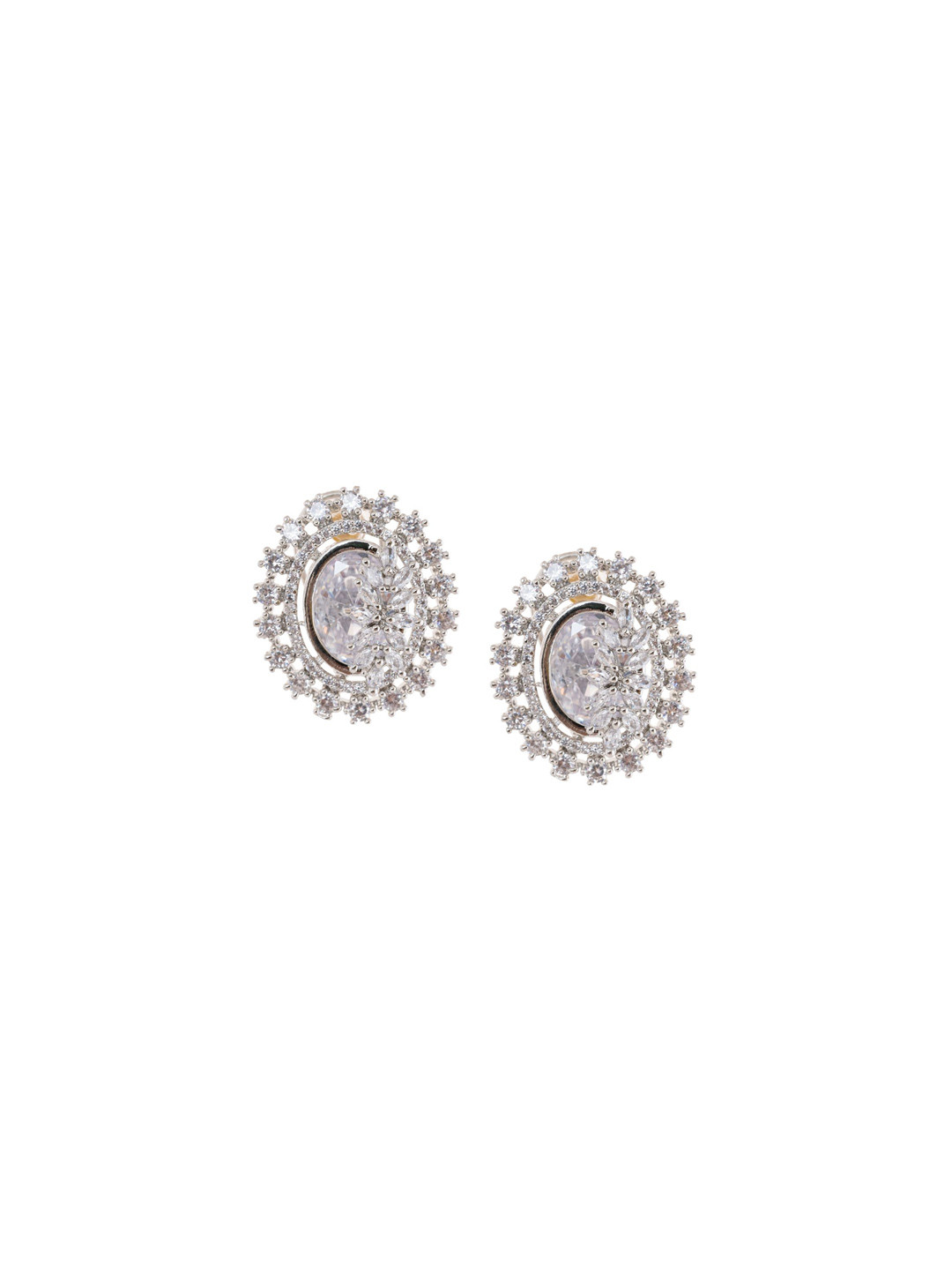 PUTSTYLE Silver-Plated Oval Shaped American Diamond Studs