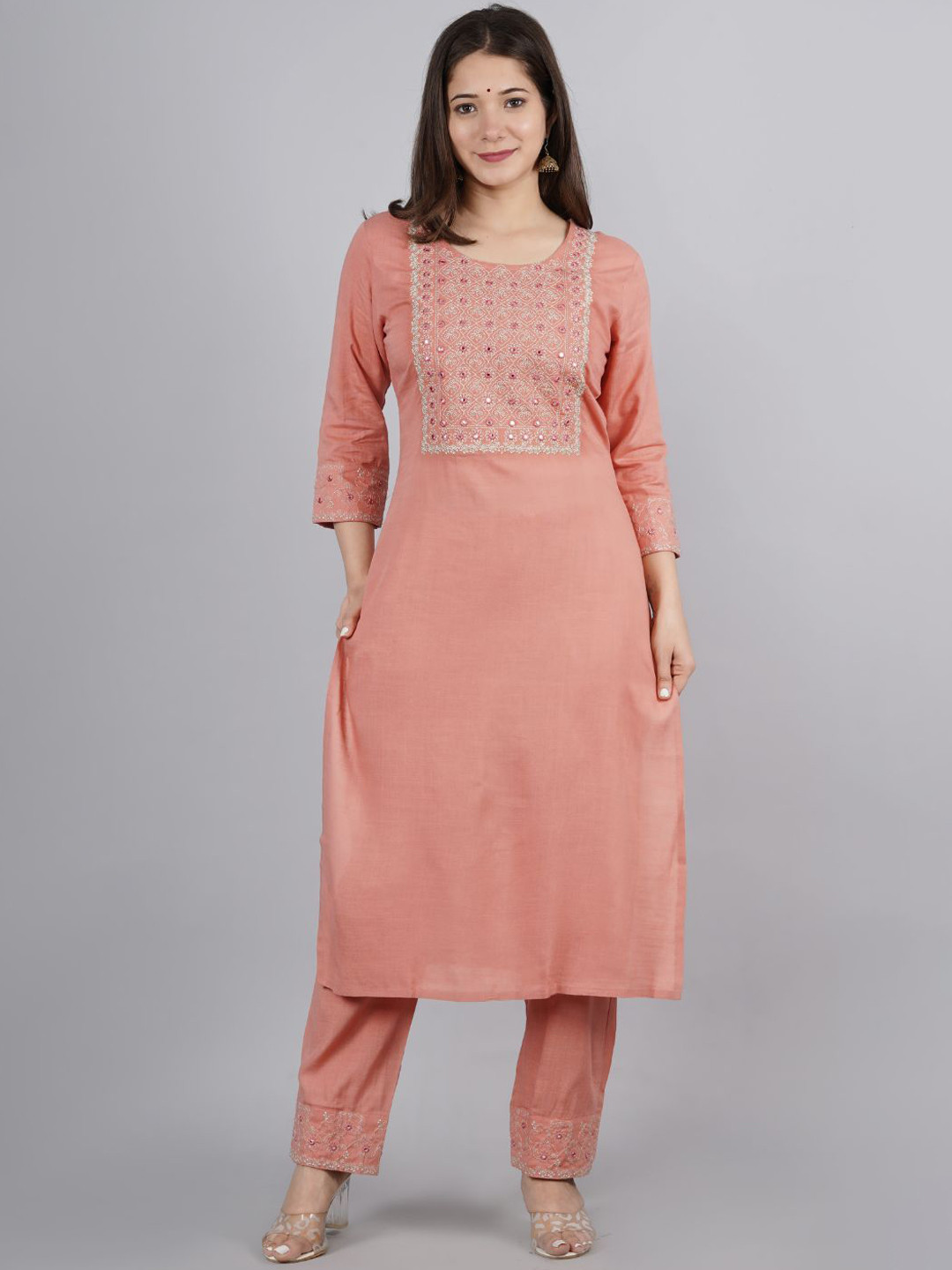 Bunai Dhaga Ethnic Motifs Embroidered Regular Pure Cotton Straight Kurta with Palazzos