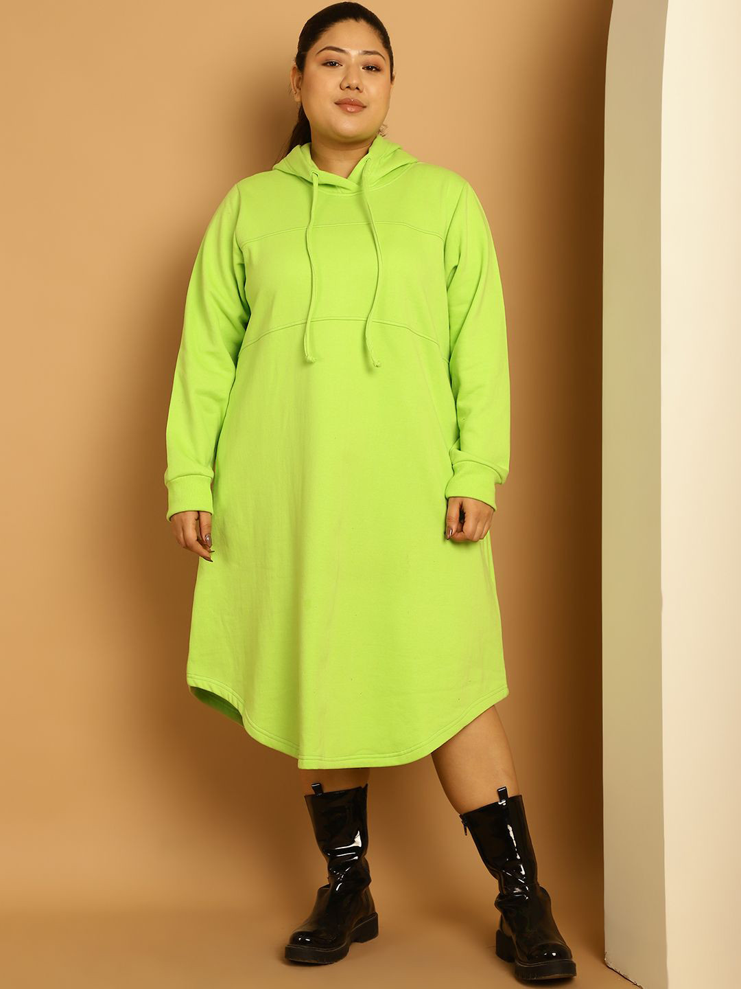 theRebelinme Women Long Sleeves Hooded A-Line Midi Dress