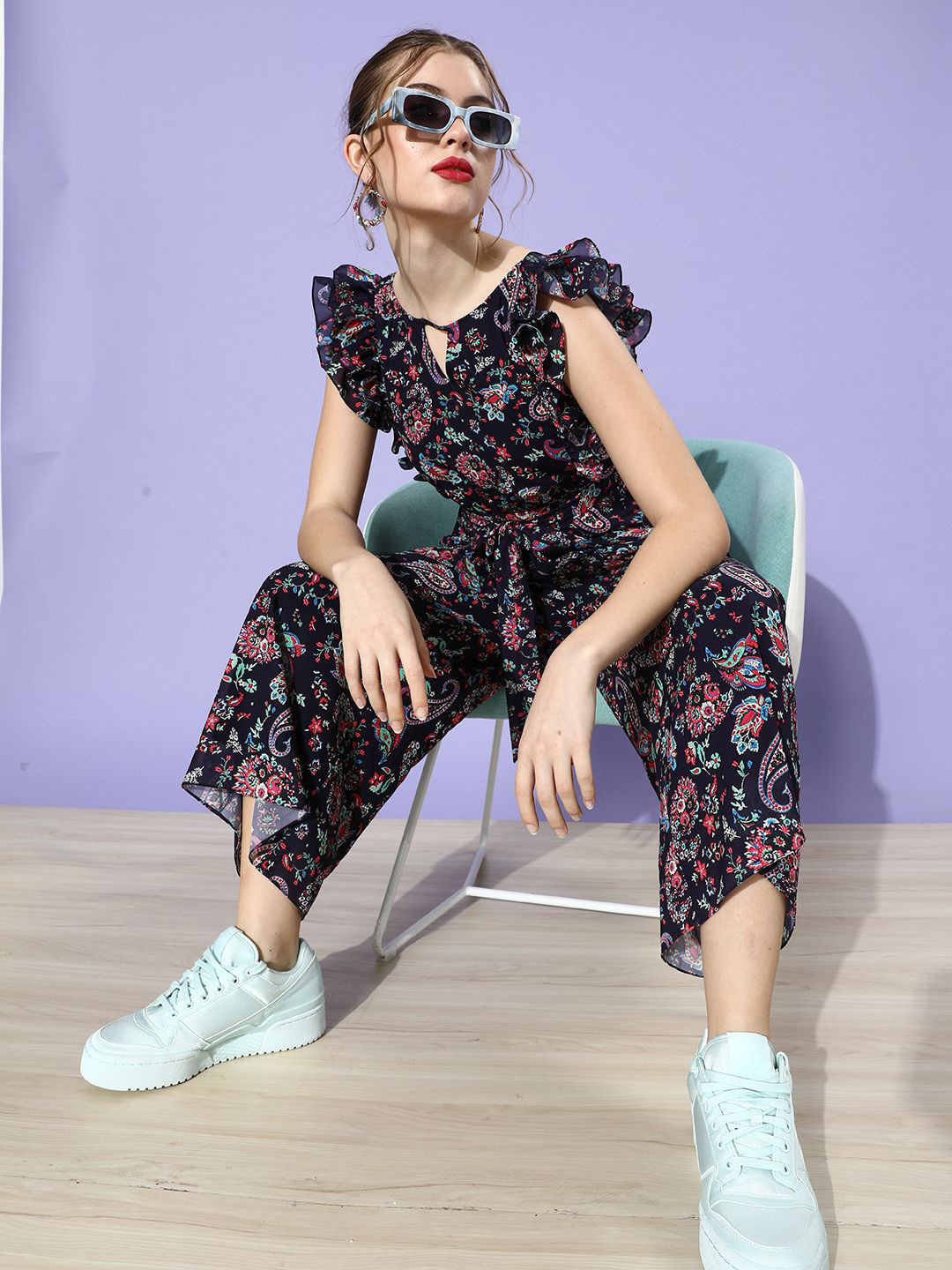 Miss Chase Women Printed Basic Jumpsuit with Ruffles
