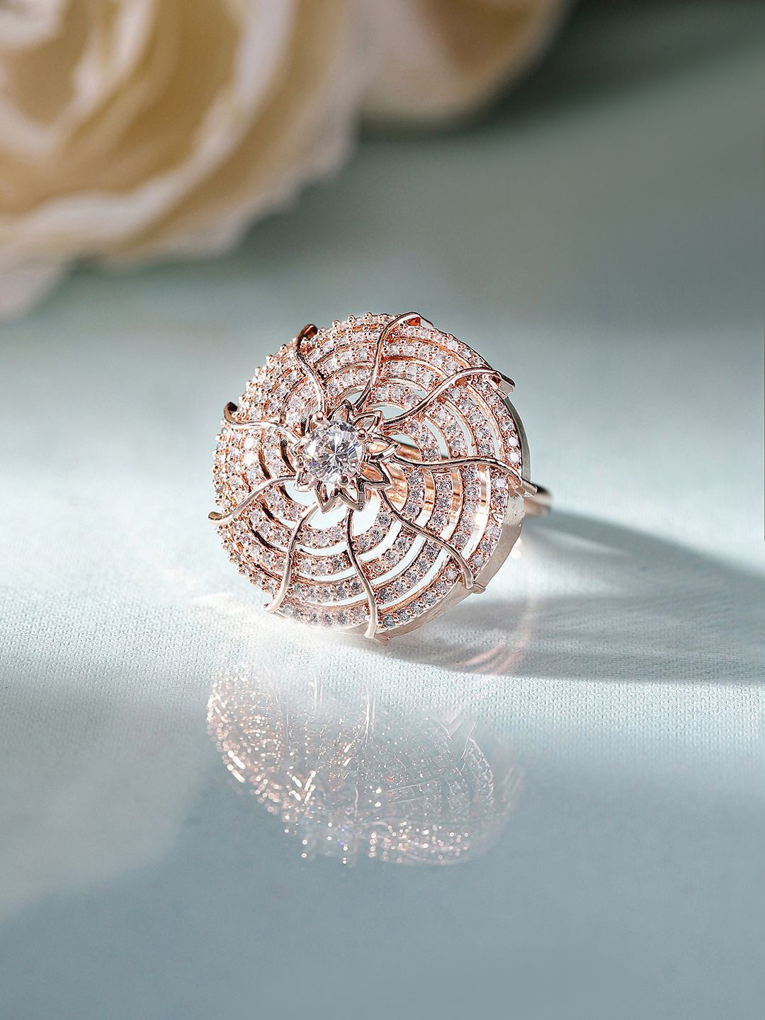 Priyaasi Rose Gold-Plated American Diamond-Studded Floral Geometric Shaped Finger Ring