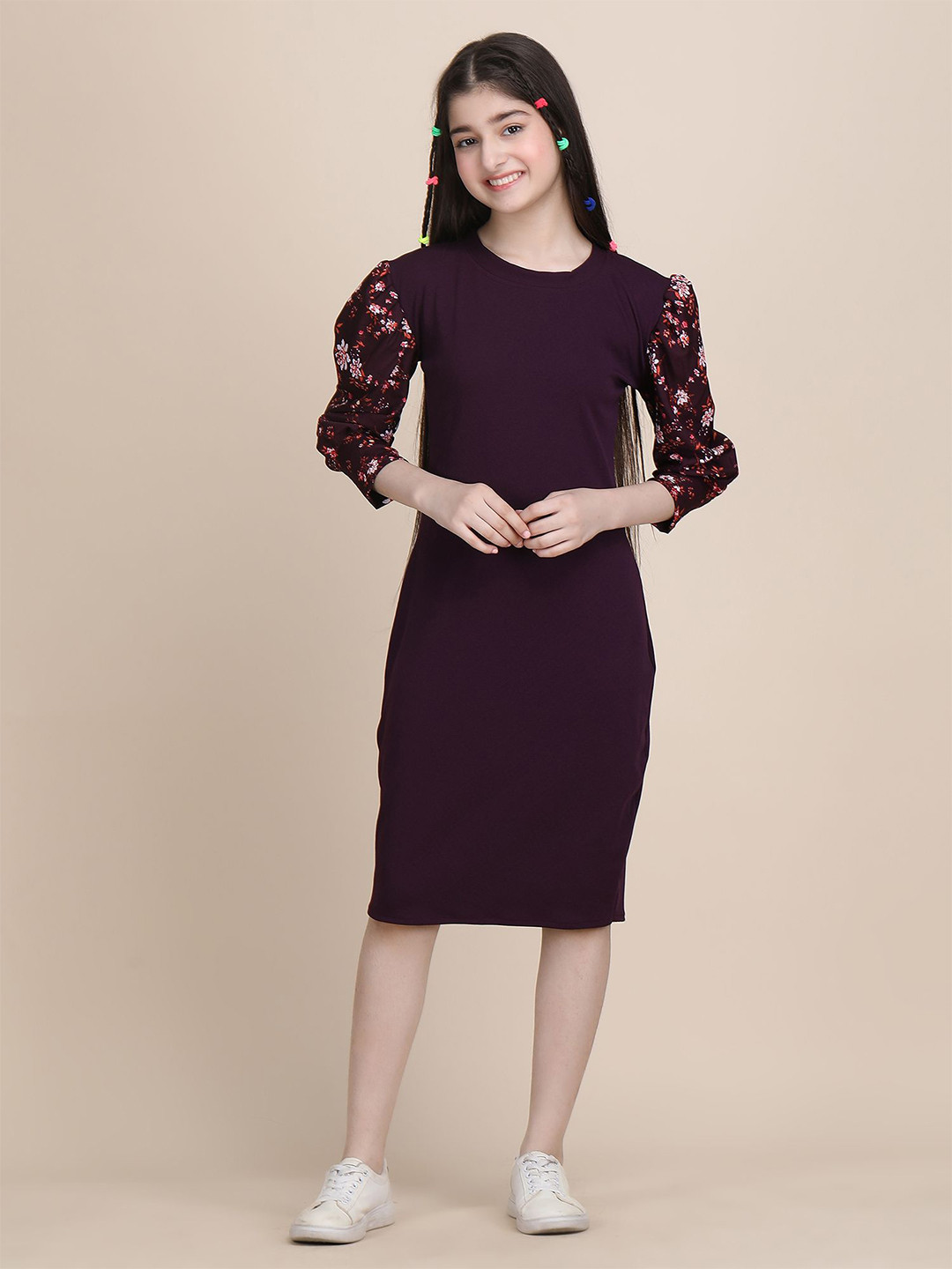 DEKLOOK Girls Round Neck Puff Sleeve Bodycon Dress