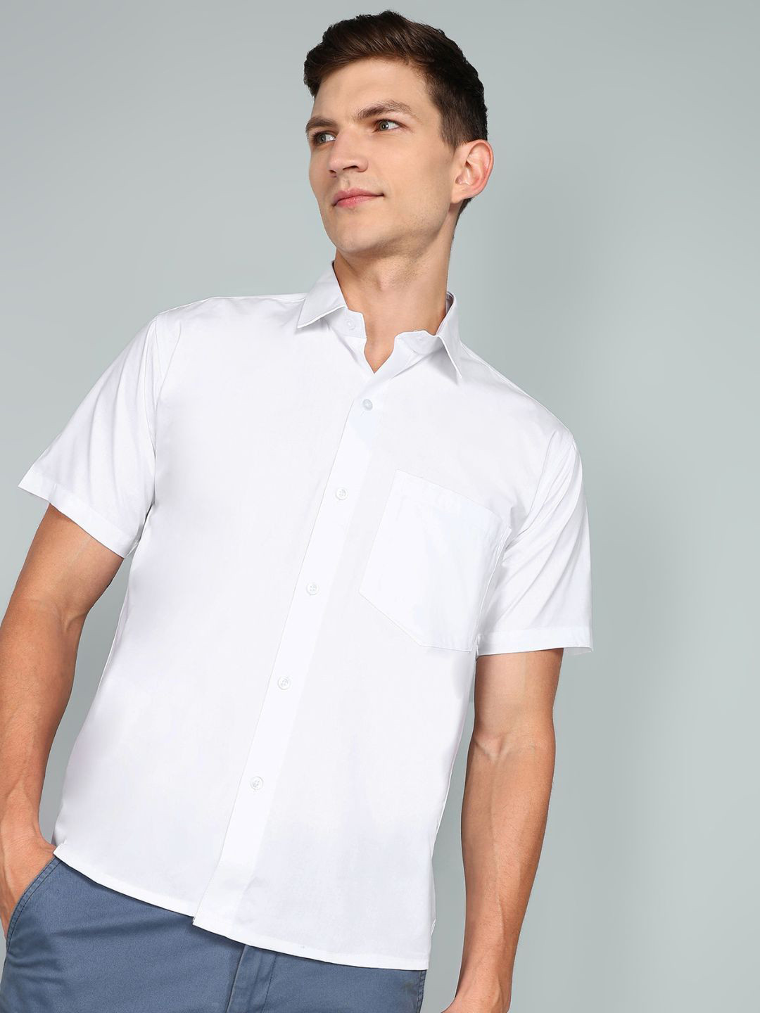 Ethazh Men Spread Collar Solid Cotton Formal Shirt