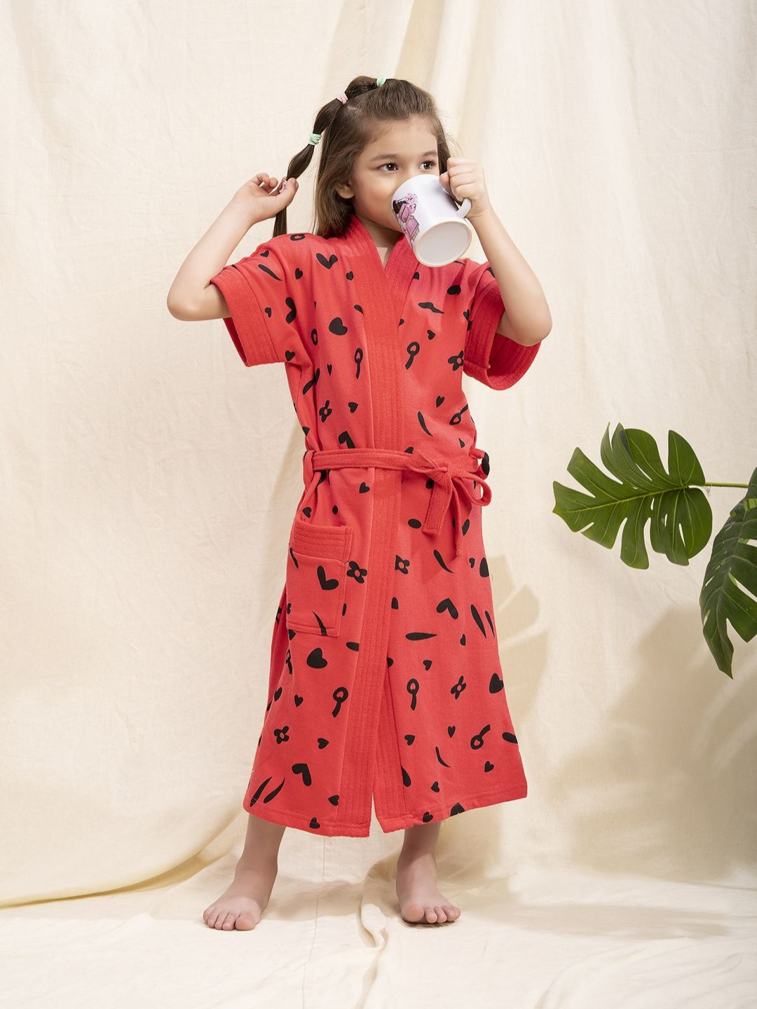 LacyLook Watermelon Pink Conversational Cotton Drawstring Maxi Bath Robe-M