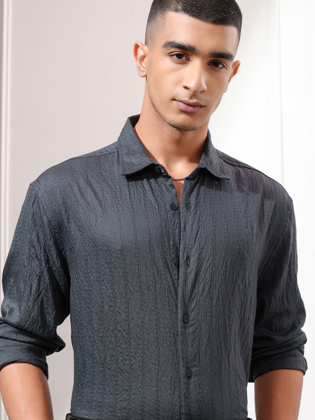 Highlander Men Graphite Jacquard Textured Solid Relaxed Shirt