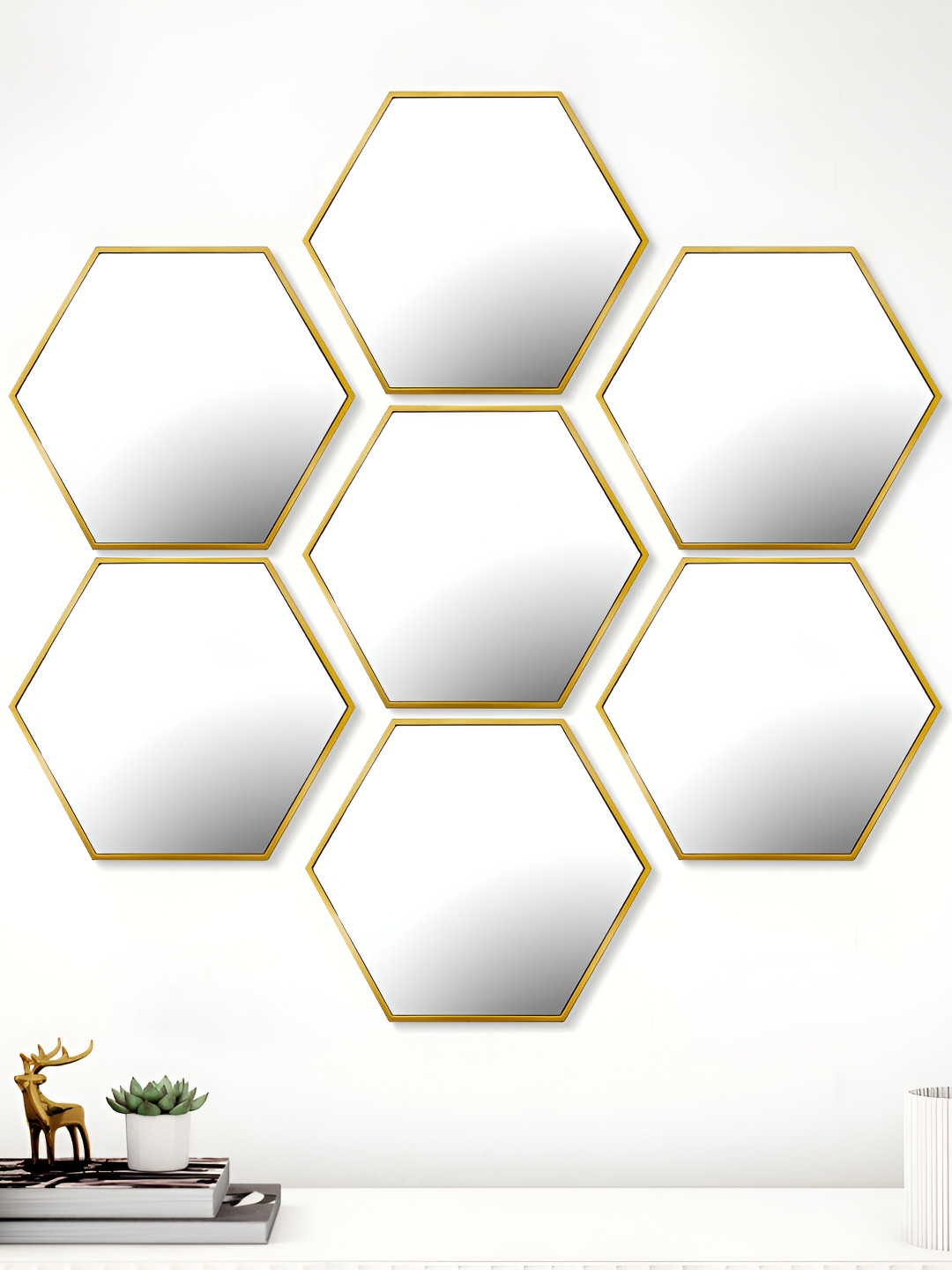 Home Centre Corsica Reflection Gold-Toned 7 Pieces Hexagon Shaped Decorative Wall Mirrors