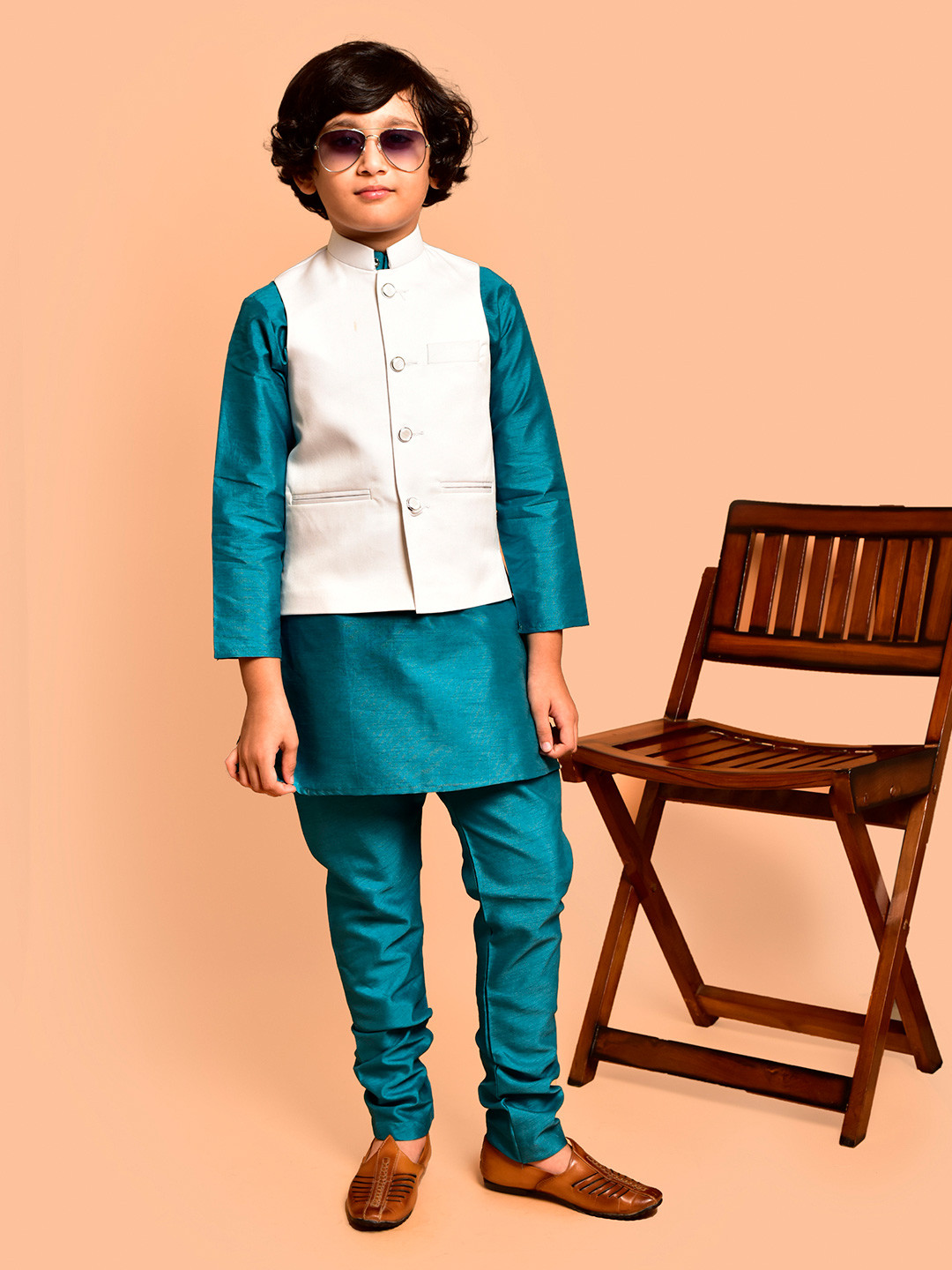 PRINTCULTR Boys Three-Quarter Sleeves Regular Straight Kurta & Churidar & Nehru Jacket