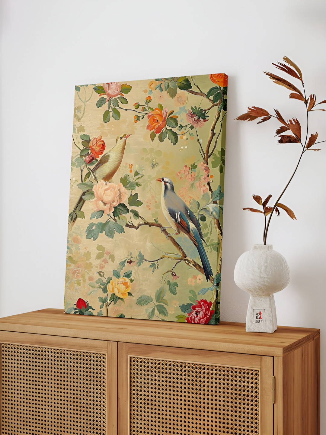 Art Street Orange & Green Indian Folk Jardin Bird Stretched Canvas Painting Wall Art