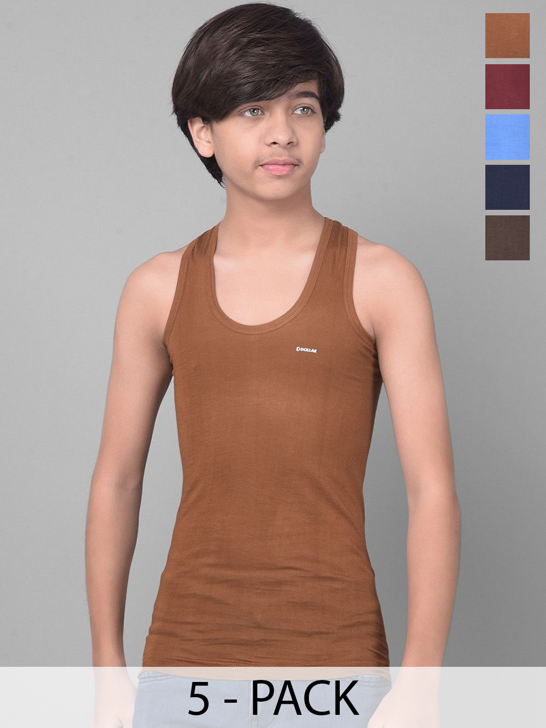 Dollar Bigboss Kid's Solid Pack of 5 Combed Cotton Casual Vest