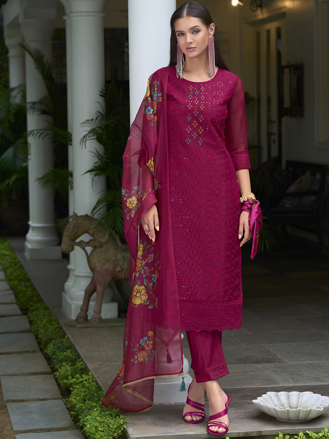 MOJILAA Magenta Organza Bored Schiffli Embroidered Straight Kurta With Pant & Dupatta