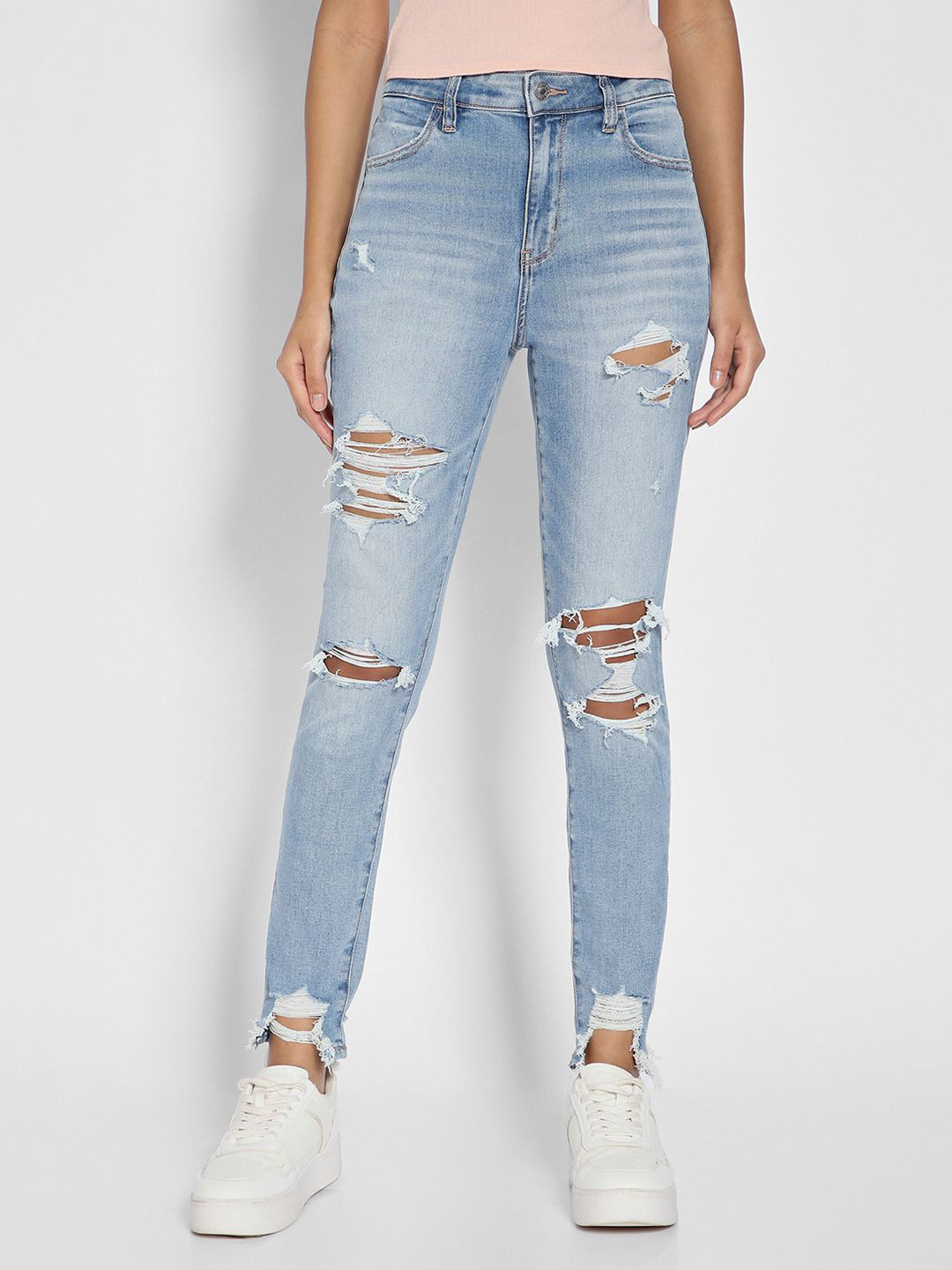 AMERICAN EAGLE OUTFITTERS Women Slim Fit Highly Distressed High-Waist Faded Jeans