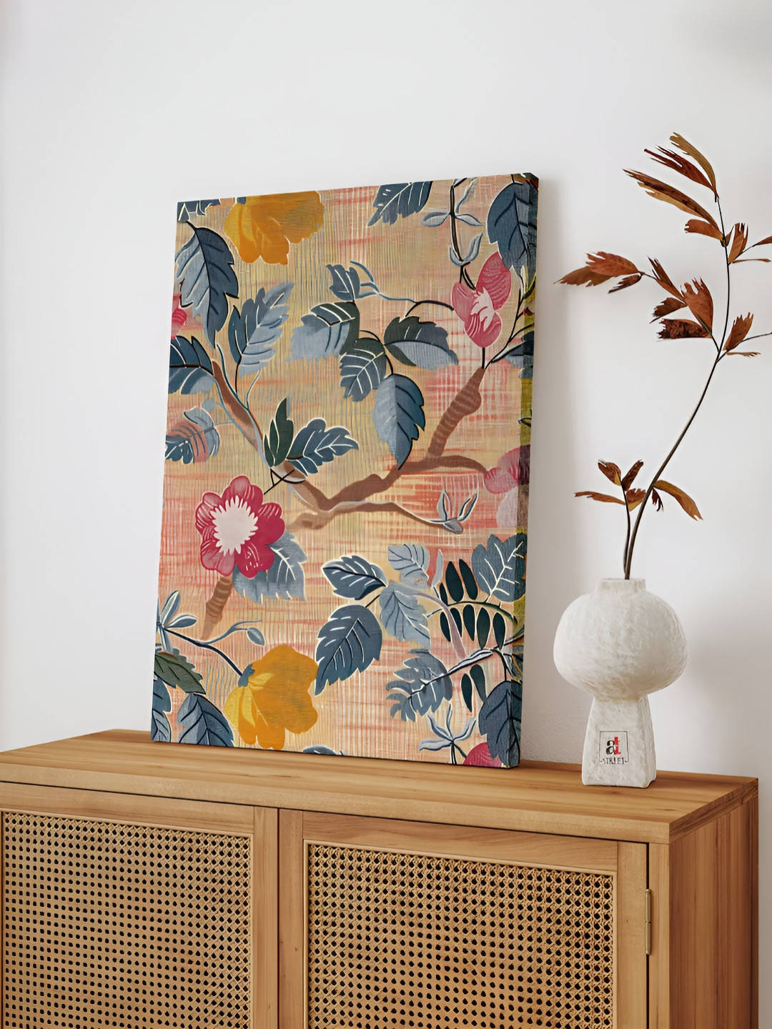 Art Street Indian Folk Floral Pattern Wall Art, Stretched Canvas Botanical Painting