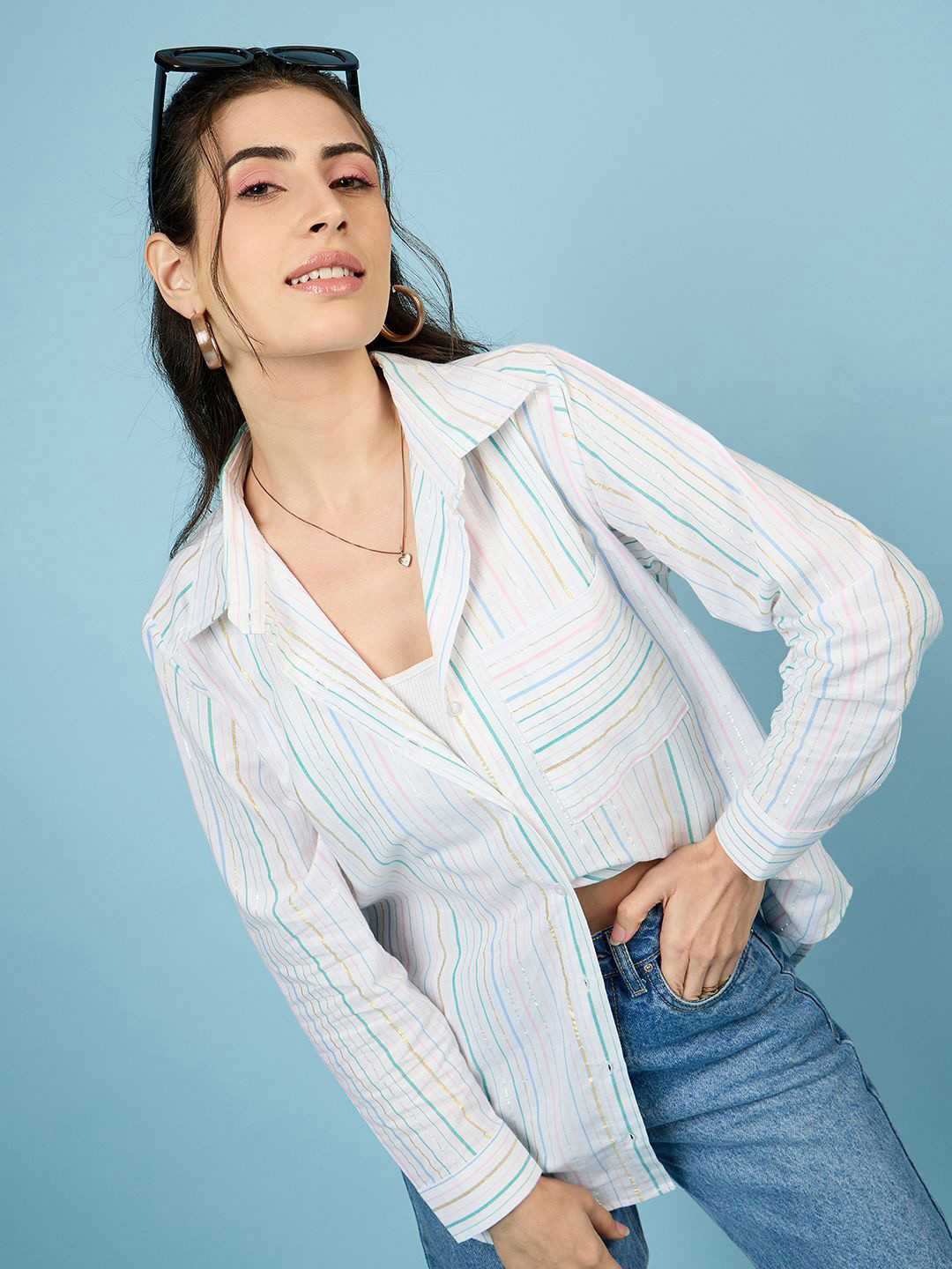 CHIMPAAANZEE Women Spread Collar Candy Striped Cotton Oversized Casual Shirt