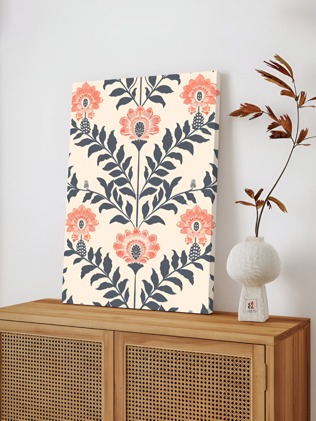 Art Street Indian Folk Beige & Blue Canvas Floral and Botanical Wall Paintings
