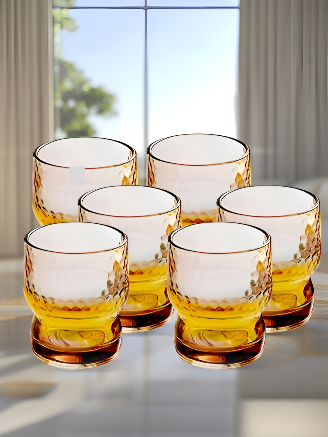 UMAI Amber Brown 6 Pieces Textured Glass Water Glasses-300 ML