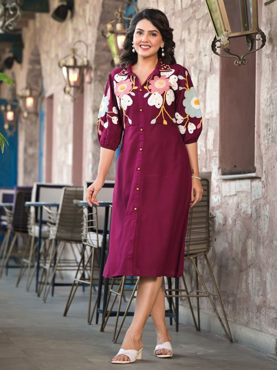 Zolo Label Floral Embroidered Shirt Collar A-Line Midi Cotton Dress