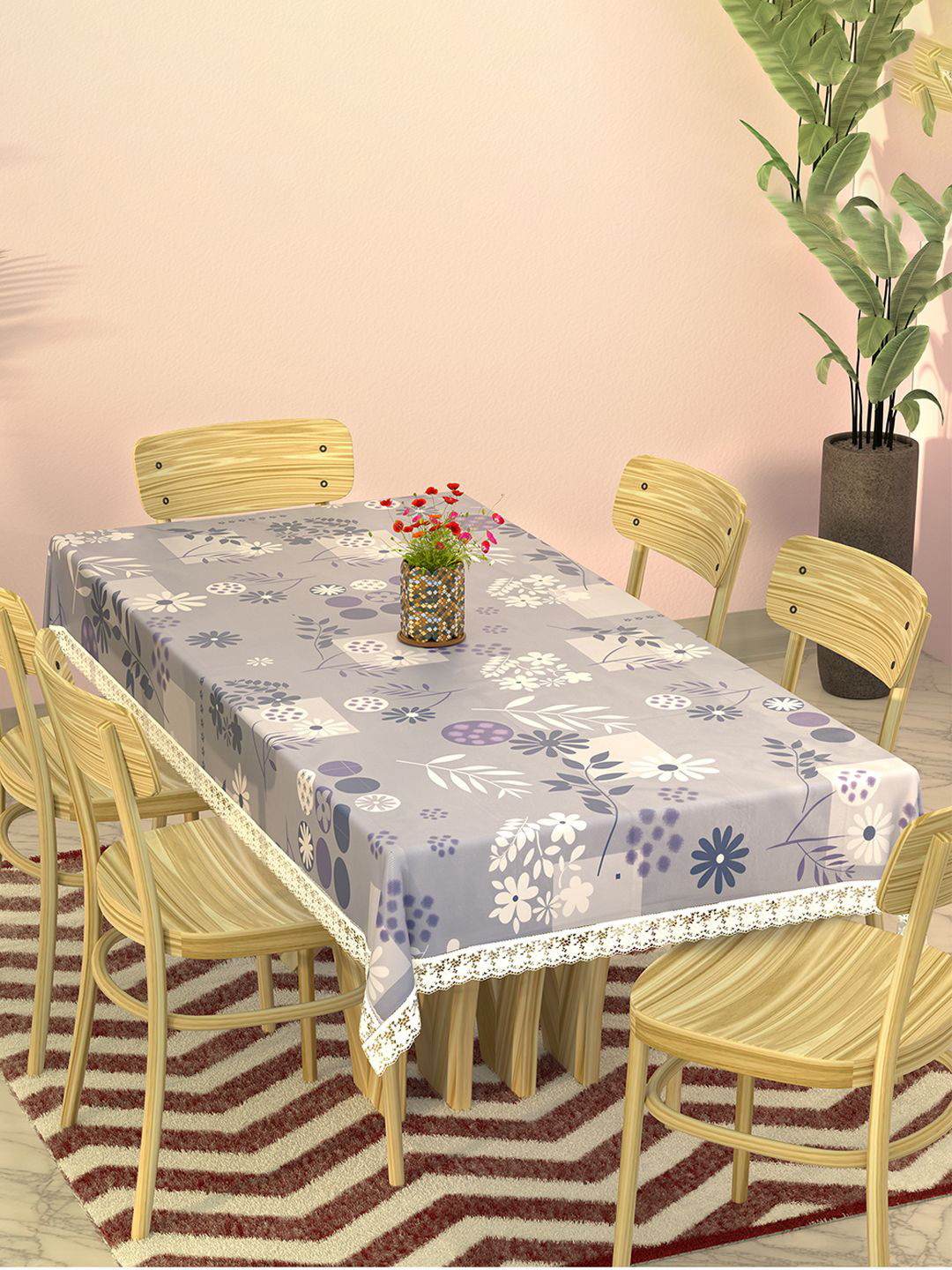 Kuber Industries Grey White Floral Waterproof 6 Seater Pvc Dining Table Cover