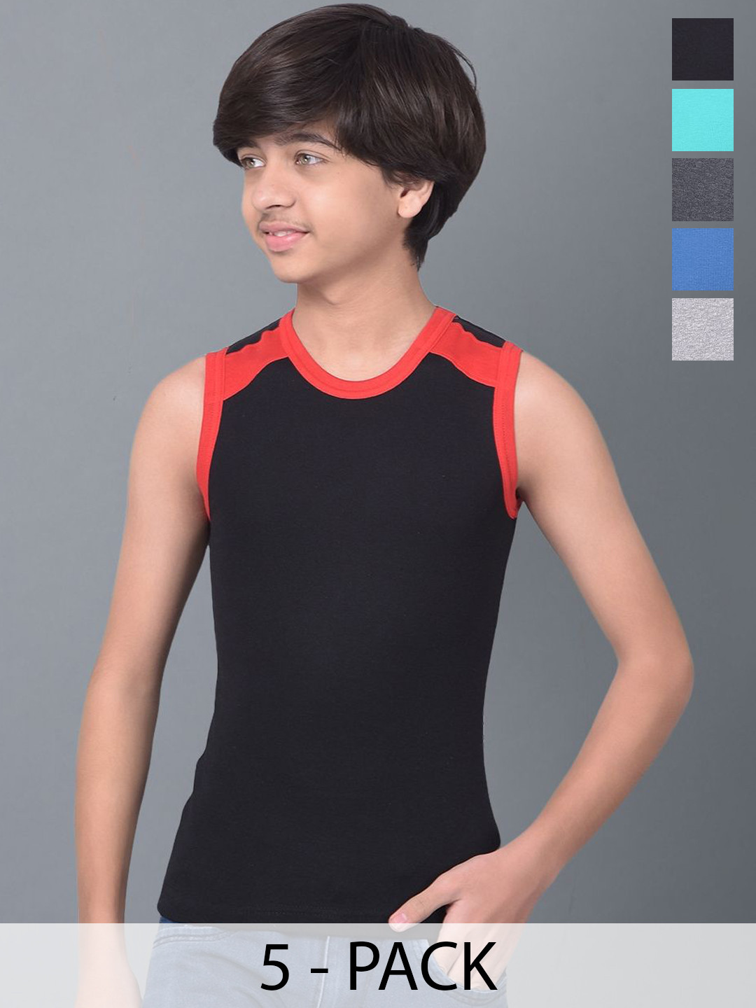 Dollar Bigboss Kid's Solid Pack of 5 Combed Cotton Rib Fabric Gym Vest