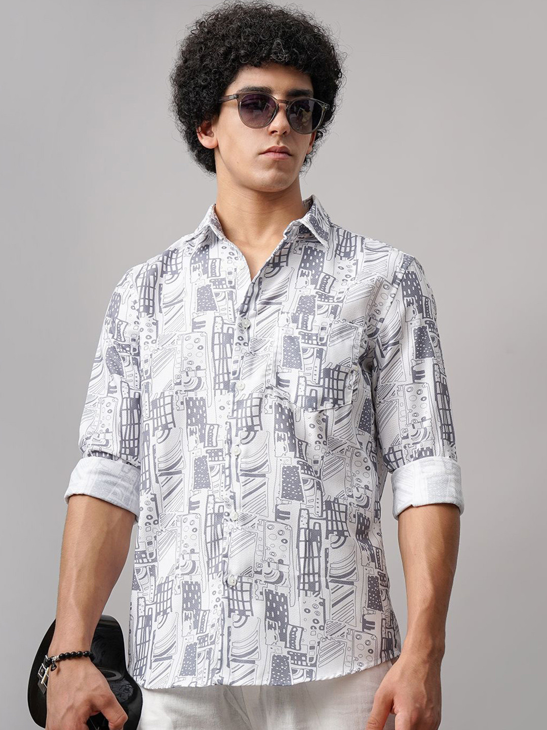 British Club Men Comfort Spread Collar Abstract Printed Slim Fit Casual Shirt