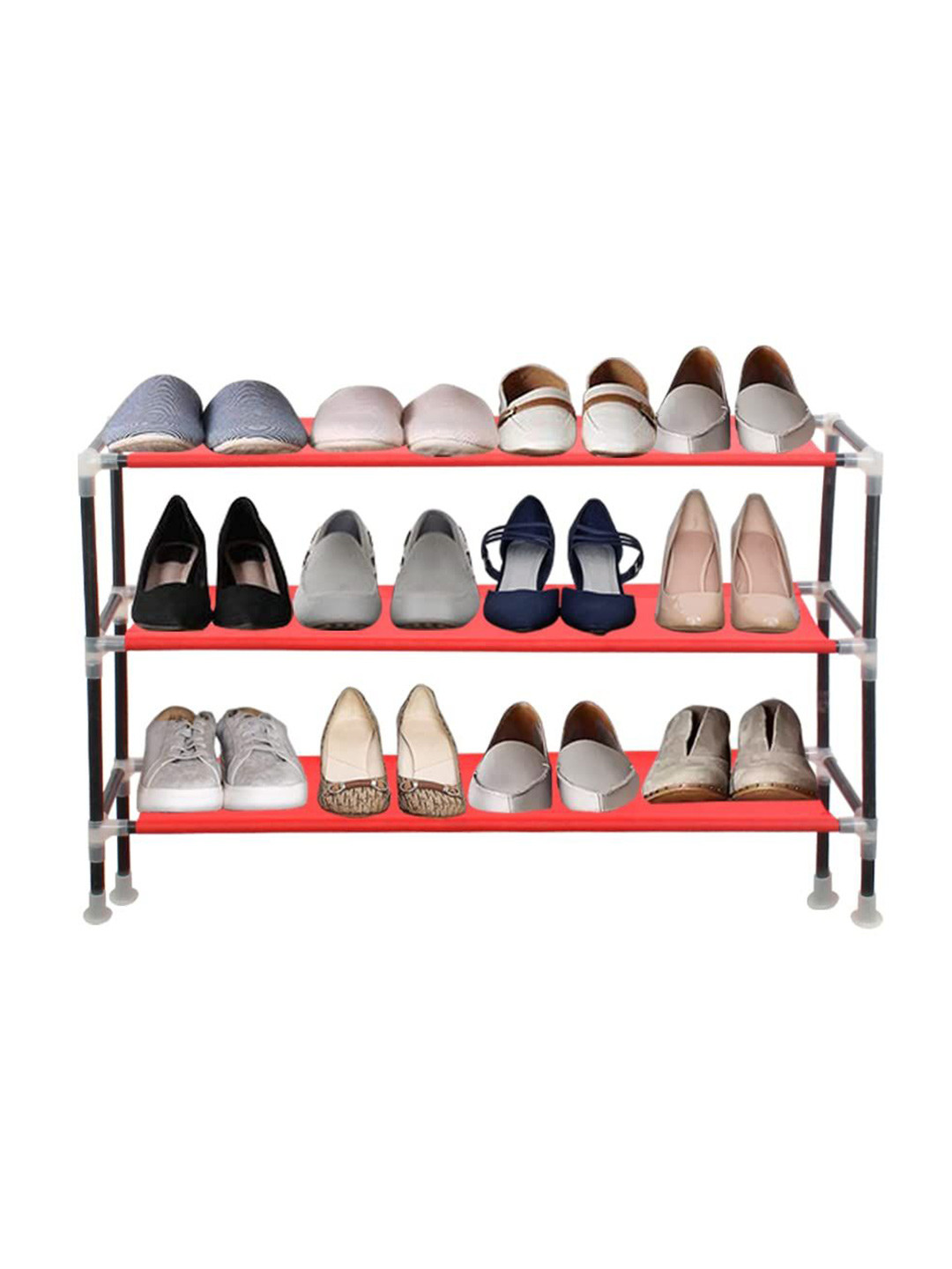 prettykrafts Red & Black 3-Tier Stackable Expandable & Adjustable Shoe Rack Without Cover