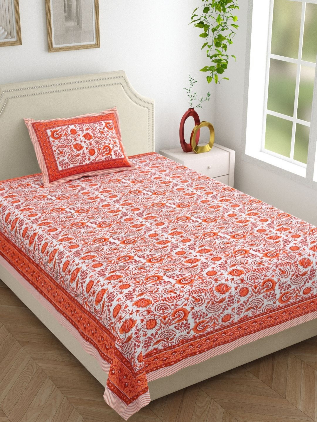 The Craft Monk Brown Floral Cotton 210 TC Single Fine Bedsheet with a Pillow Cover-90 x 60 inches