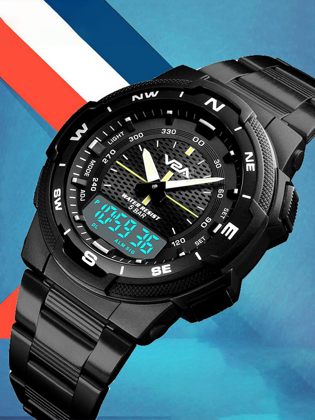 V2A Men Patterned Dial & Stainless Steel Bracelet Style Straps Analogue and Digital Watch SK-1370-Black