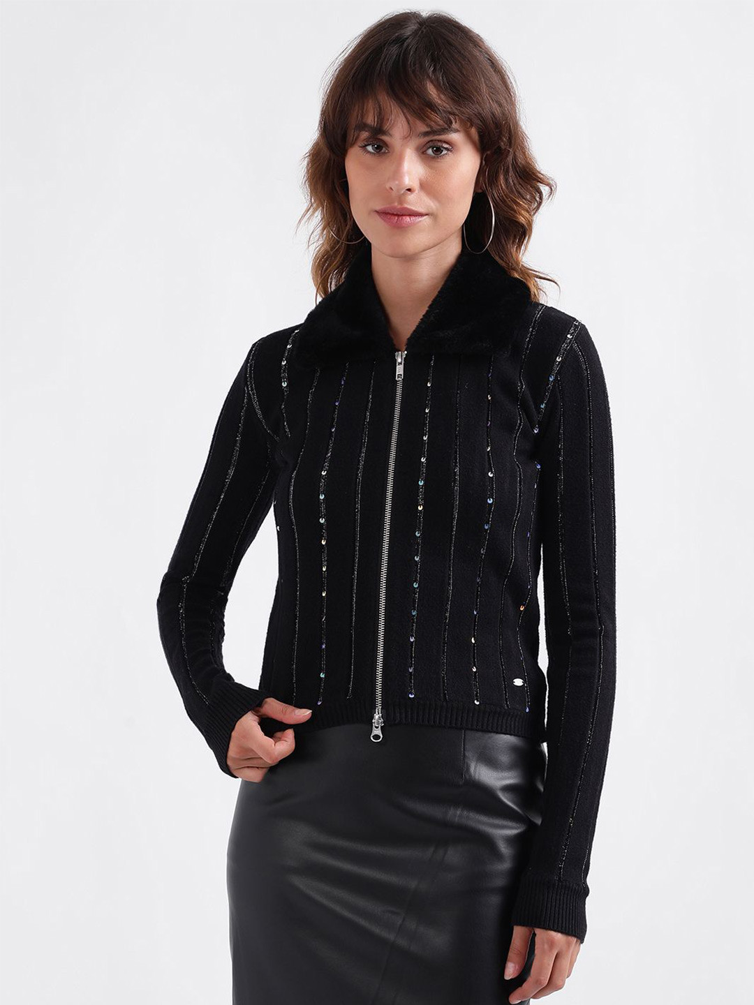 ELLE Women Striped Mock Collar Cardigan Sweater