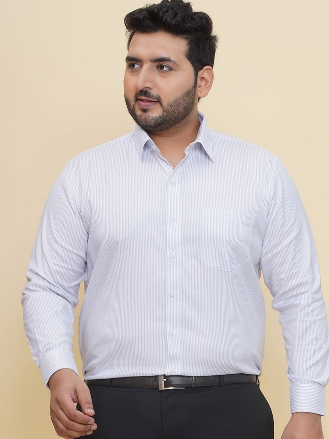 John Pride  Men Plus Size Spread Collar Pinstripes Striped Cotton Formal Shirt