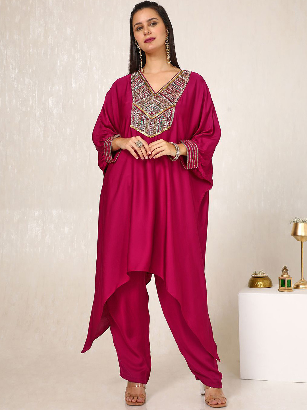 Soch V-Neck Three-Quarter Sleeves Mirror Work Kaftan Kurta With Trouser