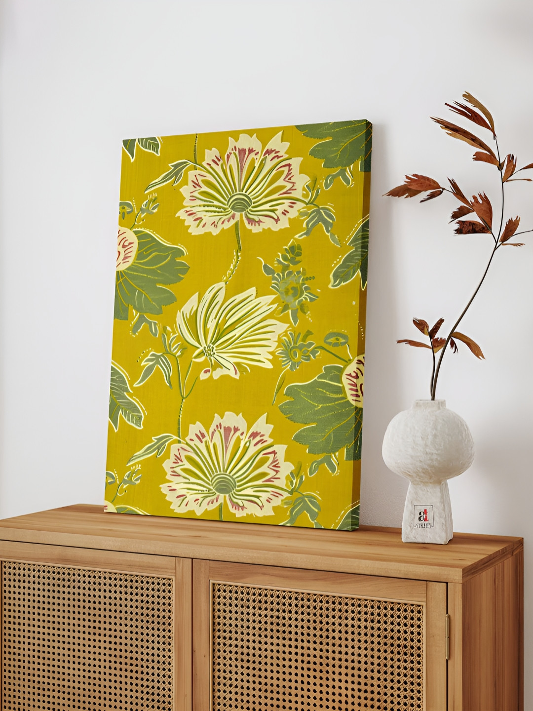 Art Street Yellow & Green Indian Folk Stretched Canvas Floral Pattern Painting Wall Art