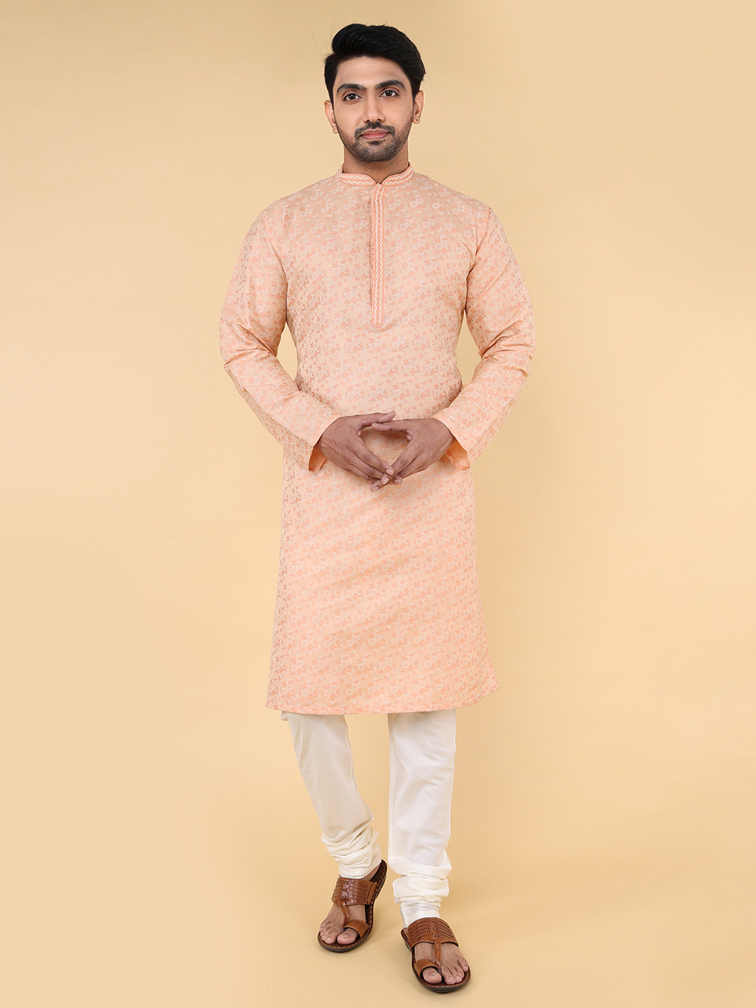 ZOIS Embroidered Khadi Cotton Mandarin Collar Straight Kurta