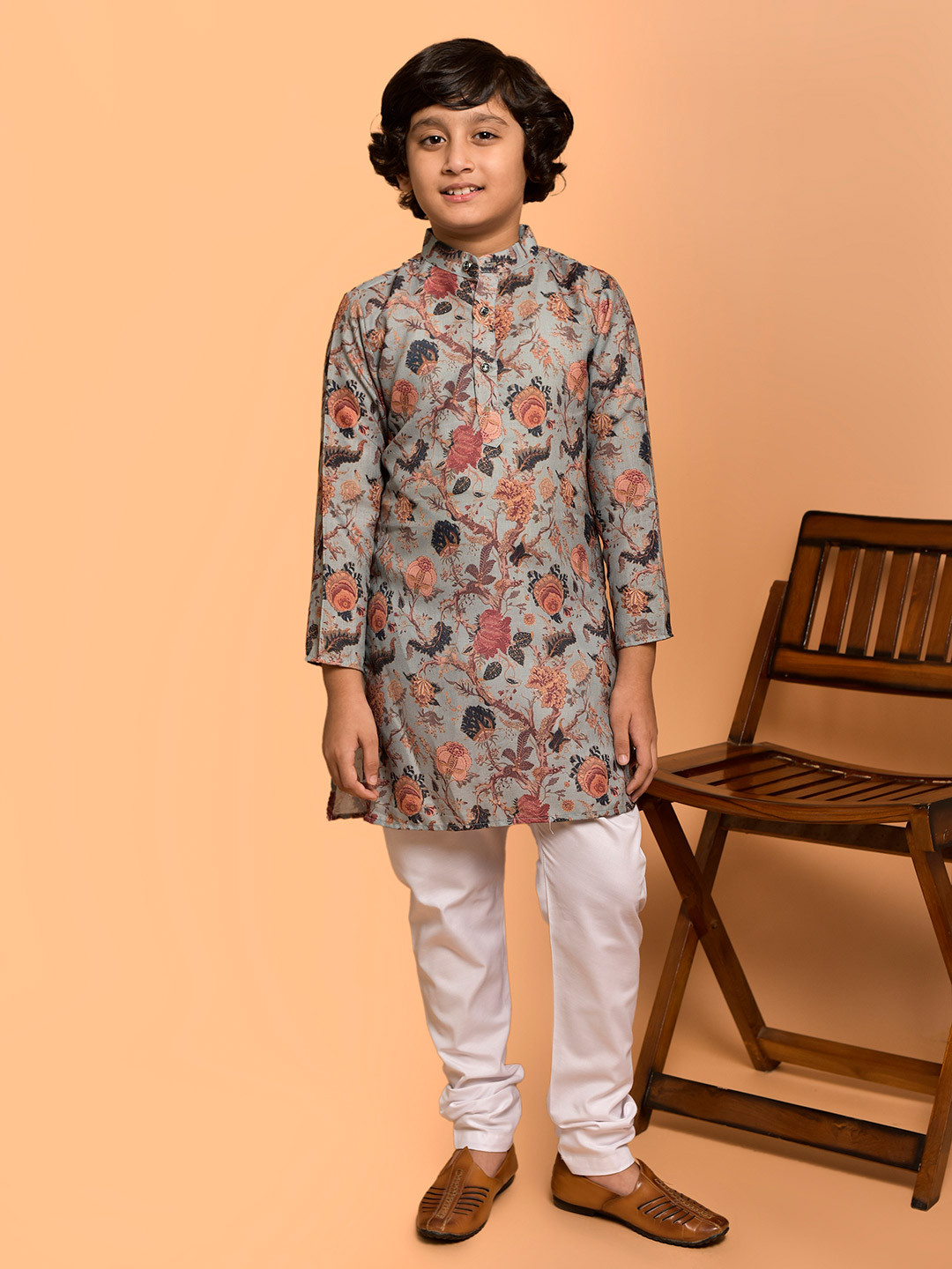 PRINTCULTR Boys Floral Printed Mandarin Collar Regular Straight Kurta with Pyjamas