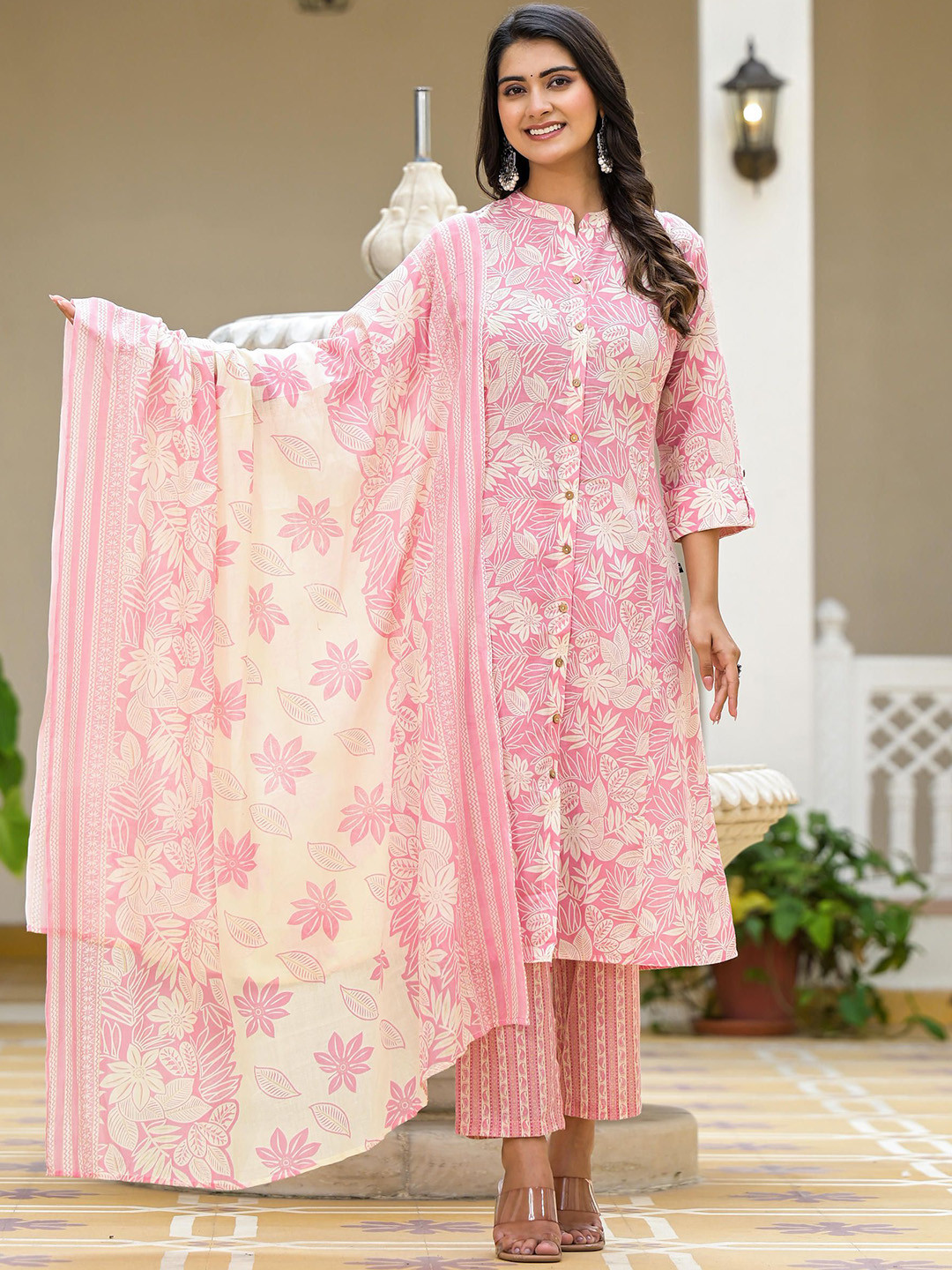 Juniper Pink and Cream Floral Printed Straight Kurta with Trouser & Dupatta