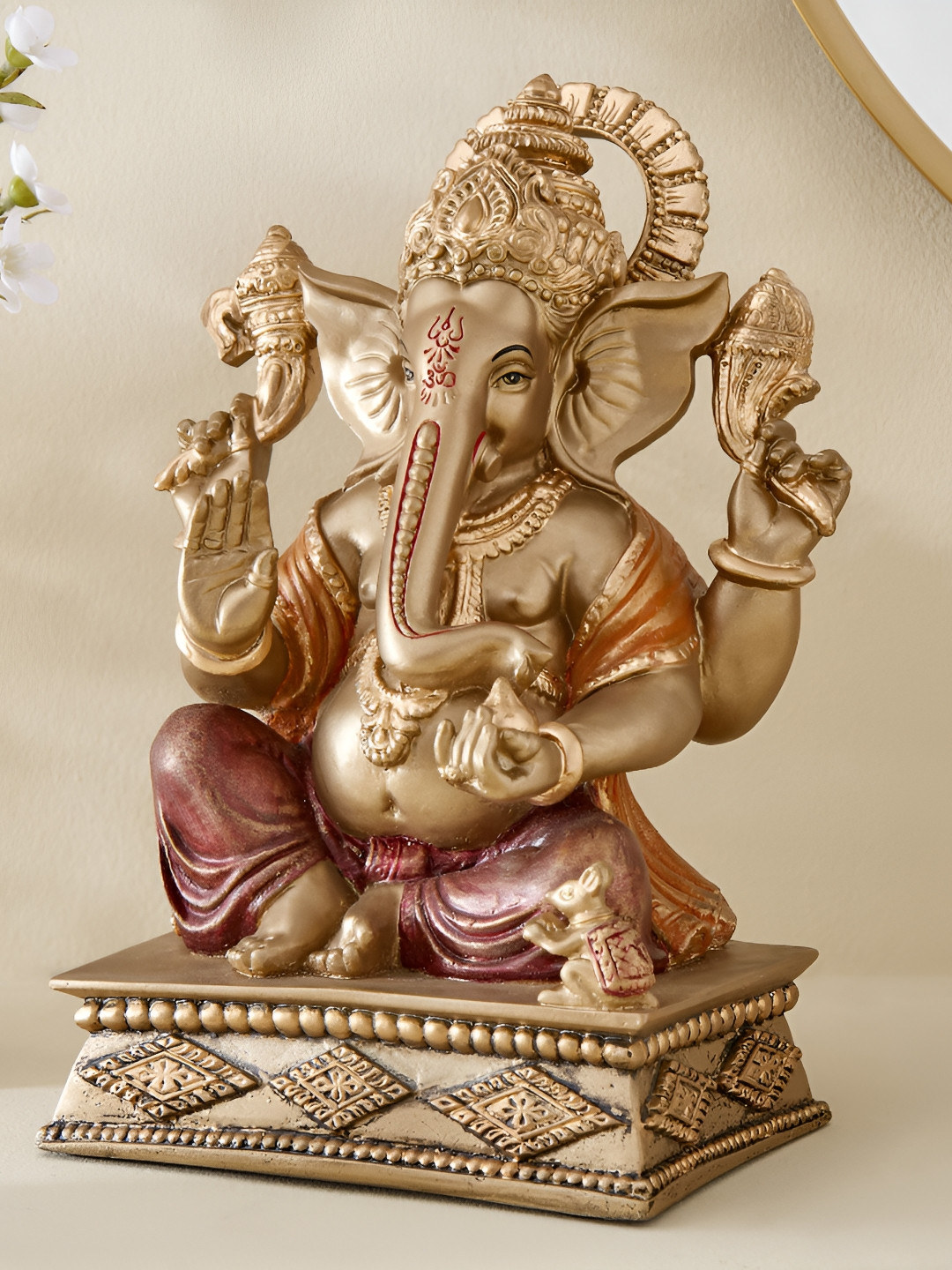 Home Centre Sitting Ganesha Gold Polyresin Natural Prayer Room Medium Showpiece - 10 Inches