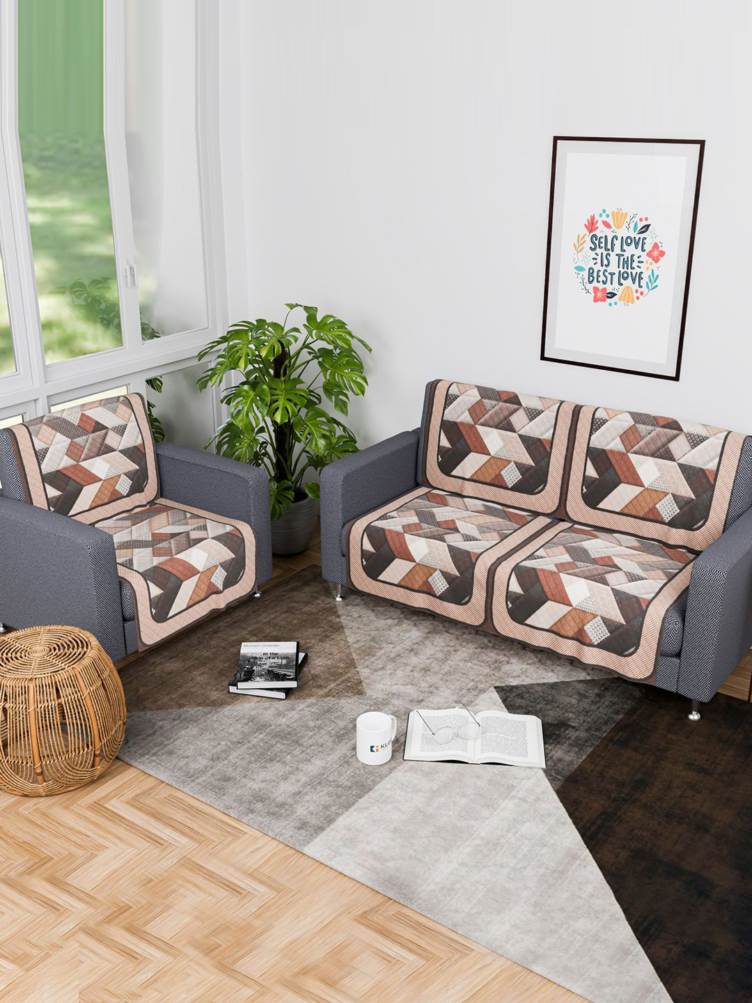Kuber Industries Cream-Coloured & Grey 6 Pieces Printed 3 Seater Velvet Sofa Cover