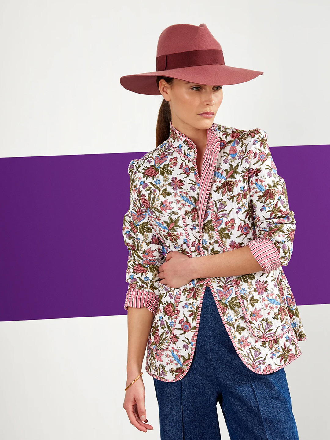 LULU & SKY Women Stand Collar Floral Printed Casual Tailored Jacket