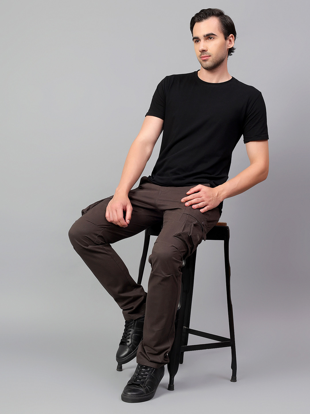 Cantabil Men Brown Solid Full Length Cargos Trousers