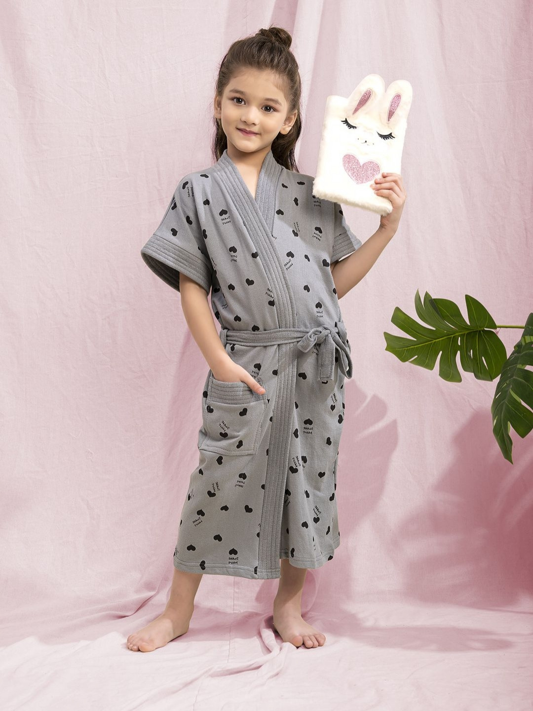 LacyLook Goose Grey Conversational Cotton Drawstring Maxi Bath Robe-M