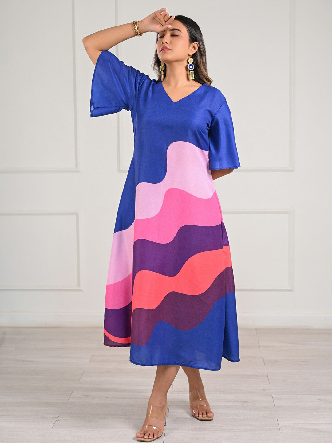 aaRVee STUDIO Colourblocked Flutter Sleeve A-Line Midi Dress