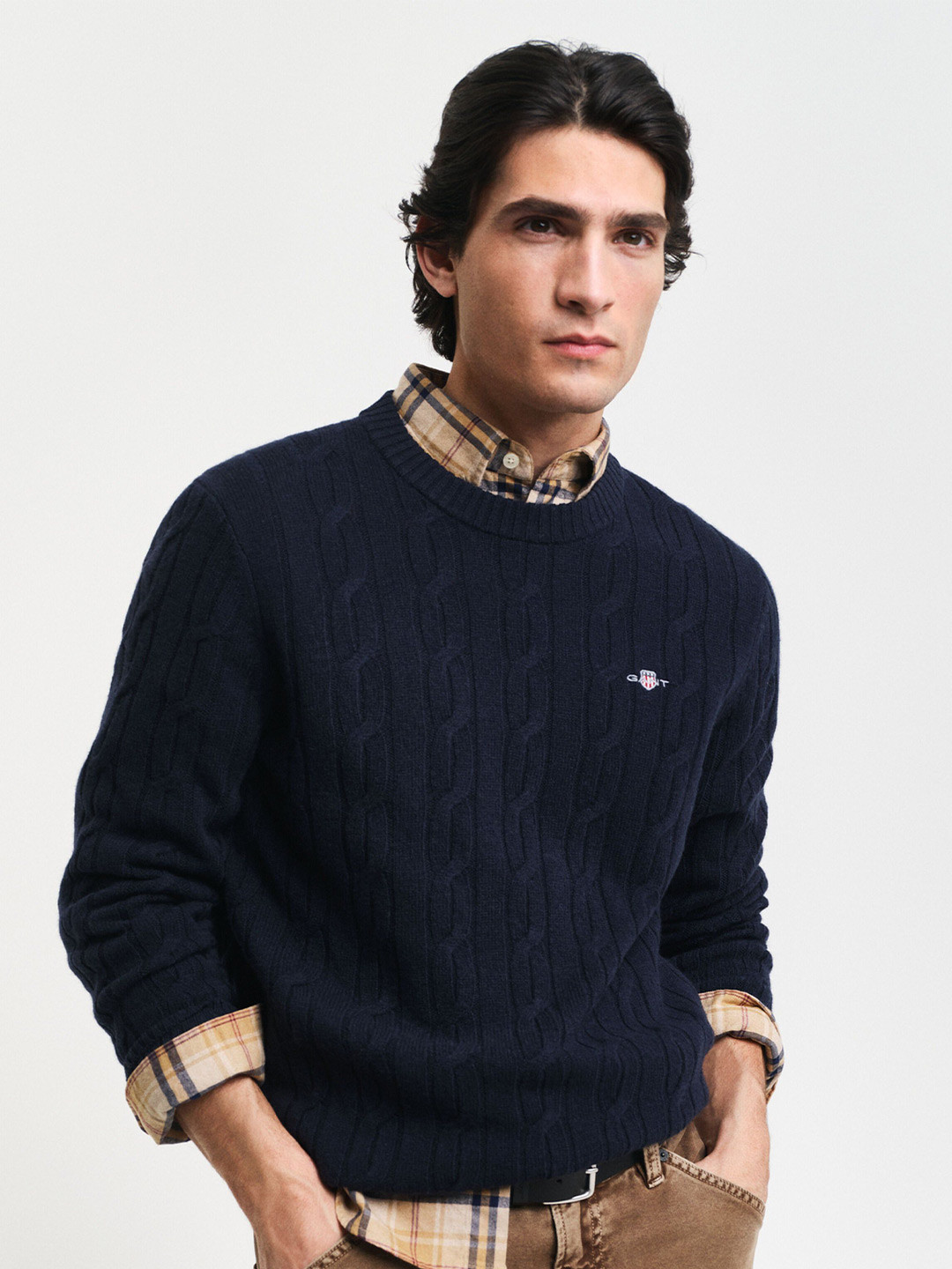 GANT Men Cable Knit Round Neck Woollen Pullover Sweater
