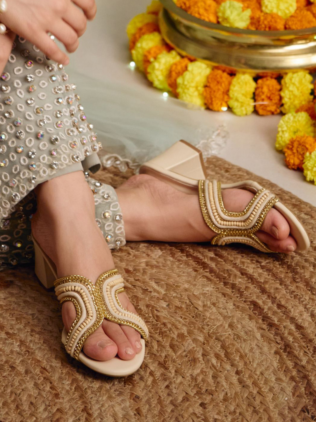 Chain and Beaded White Heel