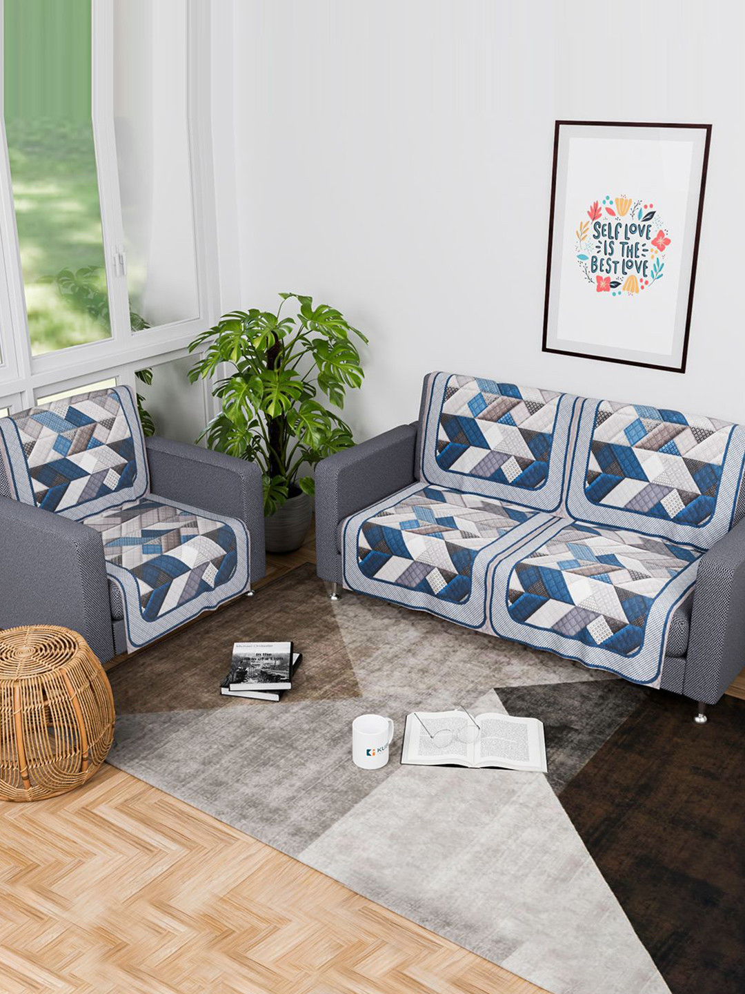 Kuber Industries Grey & White Printed 6 Pieces 3 Seater Velvet Sofa Cover