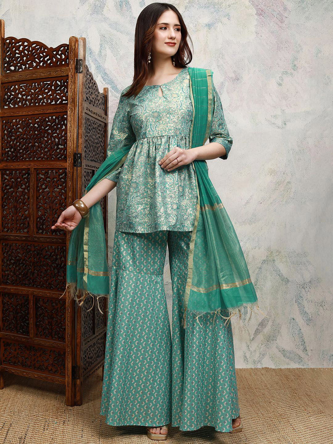 Vishudh Floral Printed Keyhole Neck Anarkali Kurta with Sharara & Dupatta