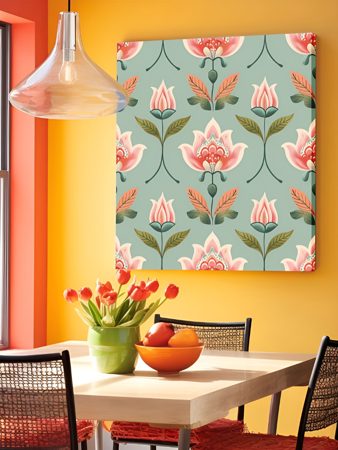 Art Street Pink & Green Indian Folk Lotus Floral Stretched Canvas Painting Wall Art