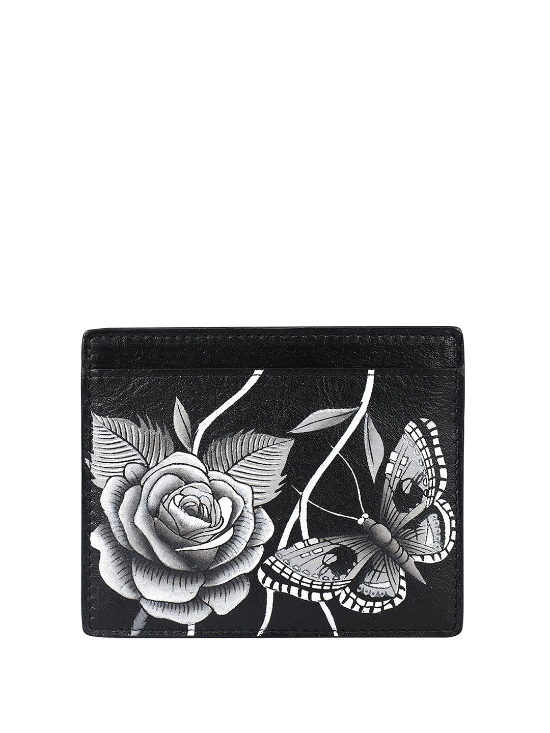 Anuschka Women Roses D'Amour Black Hand Painted Leather Card Holder