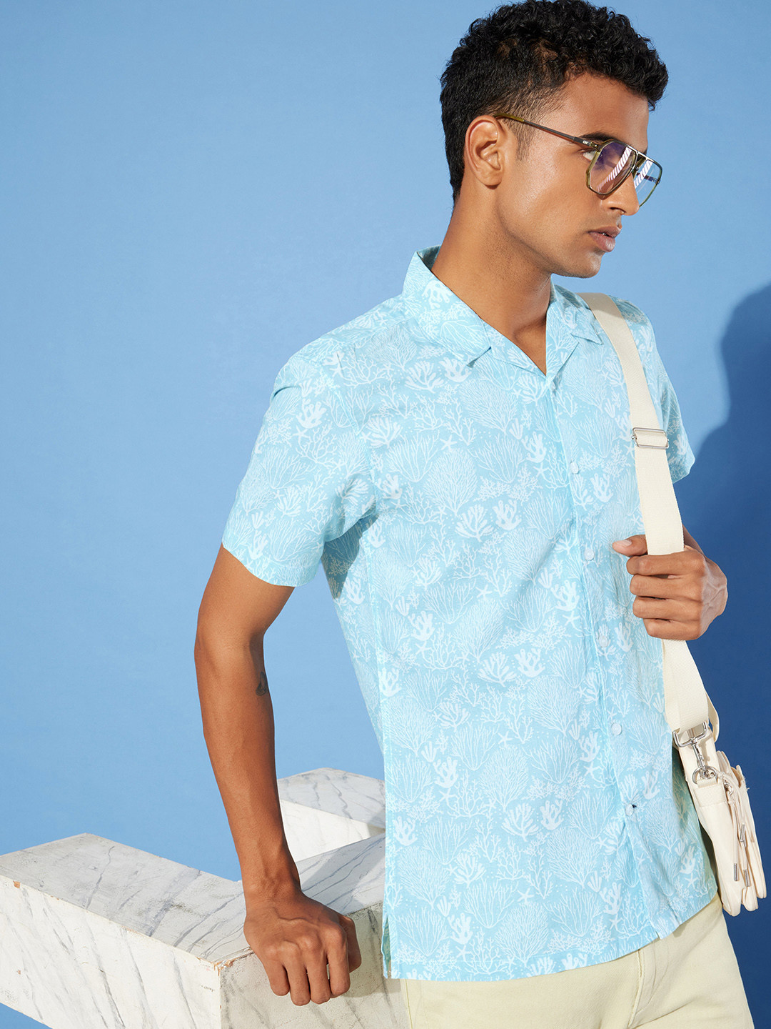 Mast & Harbour Cotton Linen Tropical Printed Cuban Collar Casual Shirt