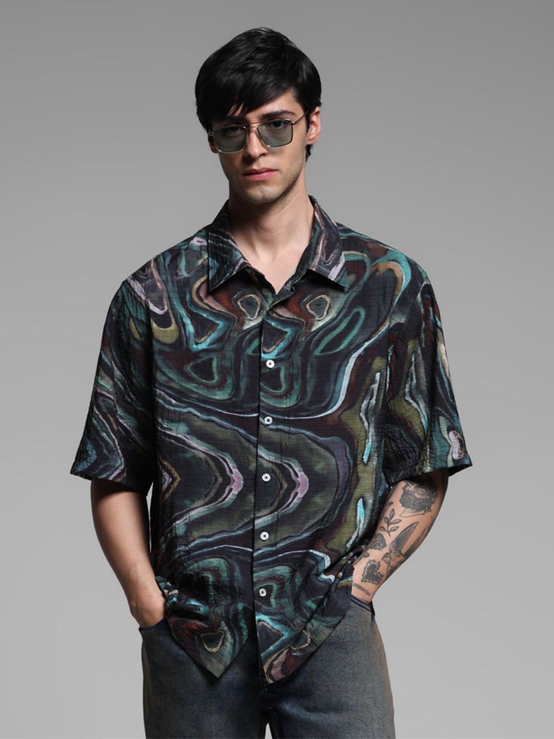 Jack & Jones Men Spread Collar Abstract Printed Lyocell Oversized Casual Shirt