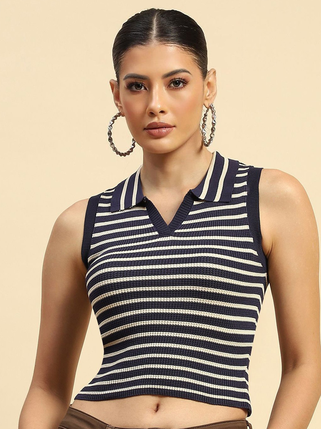 Global Republic Women Horizontal Striped Shirt Collar Top